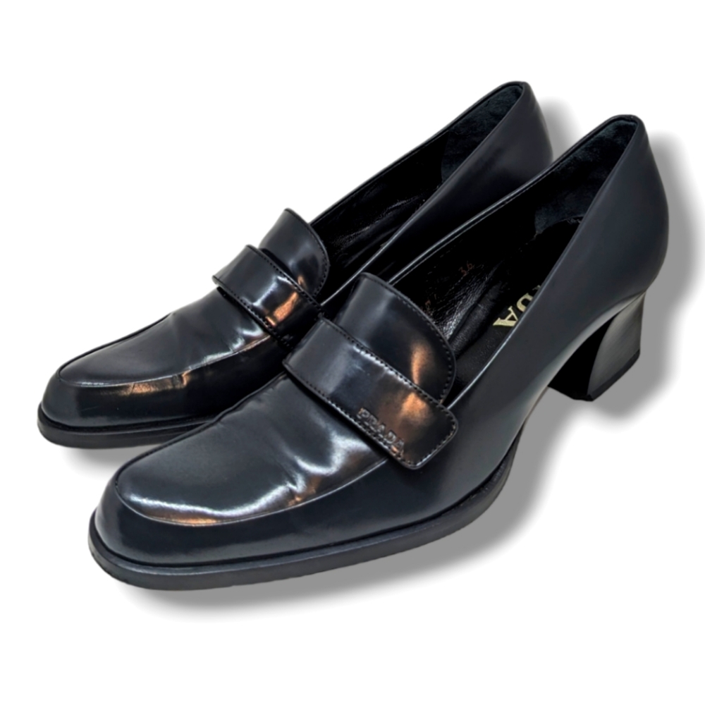Prada | Italian Black Calf Leather Block Heeled Dark Academia Loafers Size 5.5